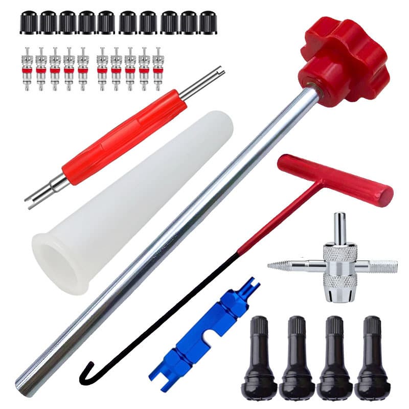 Valve stem installation tool kit, tire repair tools, tire repair valve core tools, valve stem removal tool, wrench