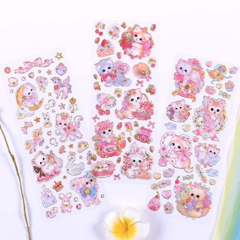 Gold Foil Cute Cat Flat Handmade Stickers Children's Craft Paper Decorative Decals for Kindergarten Album Envelope Decoration
