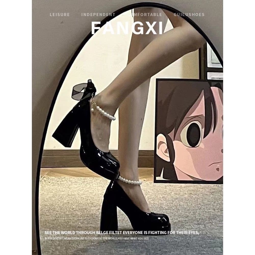 French Pearl Gentle Style One-Line Buckle Waterproof Platform High Heels for Small Women Thick Heel Flats Mary Jane Women's Shoes