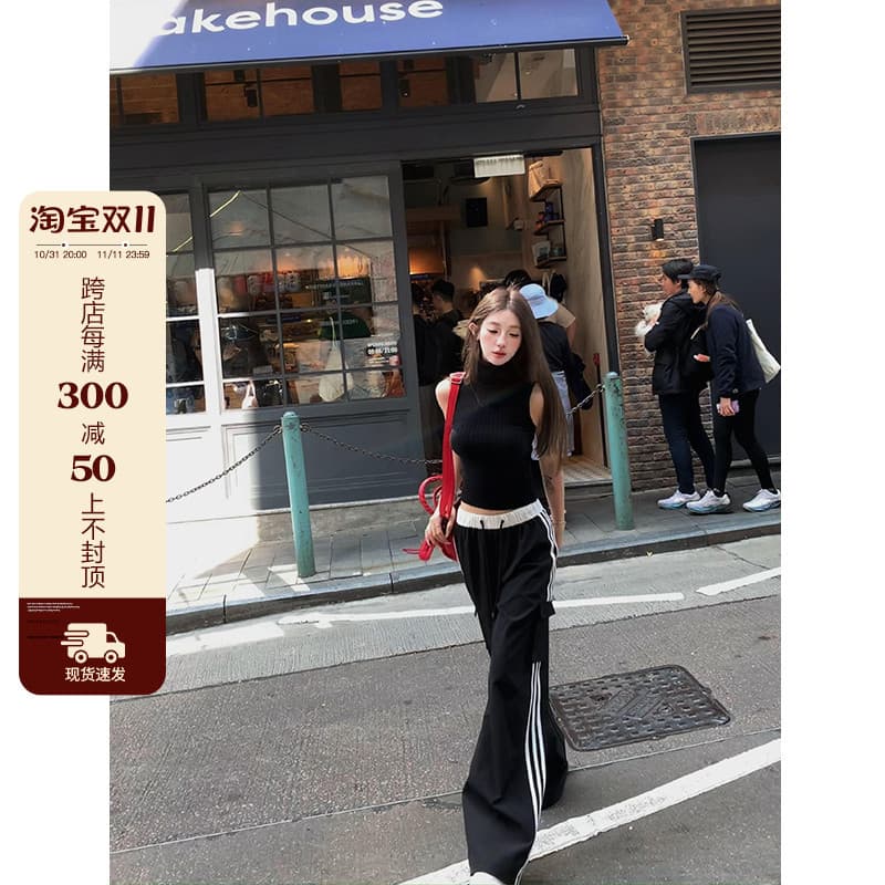 Drop Shipping American Style Cargo Pants for Women Autumn Winter Sweatpants Loose Striped Wide Leg Pants Black Casual Trousers