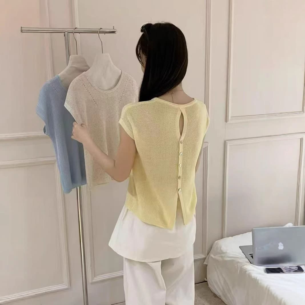 Korean Style Design Hollow Backless Knitted Short-Sleeve Women's Backless Loose Solid Color Simple Versatile T-Shirt Trendy