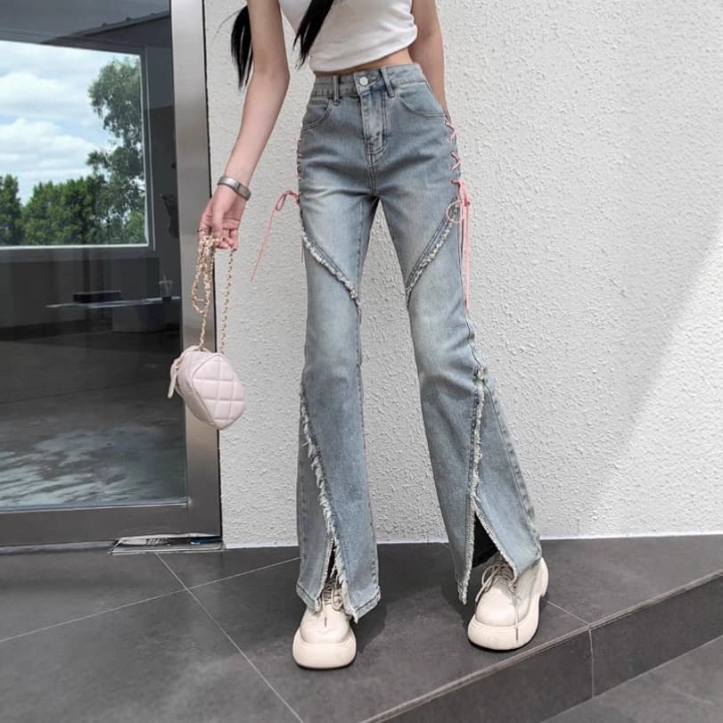 Retro High-Waist Slimming Frayed Fringe Split Flare Jeans for Women, Stretchy Skinny Floor-Length Wide-Leg Pants