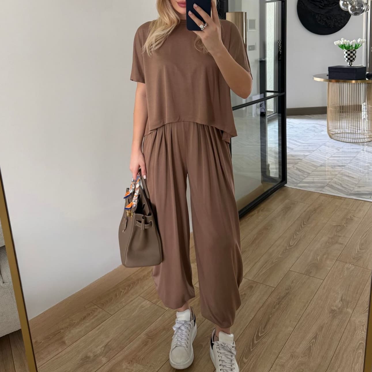 2026 New European and American Amazon Women's Fashion Round Neck Short Sleeve Loose Top High Waist Loose Jogger Pants Casual Set