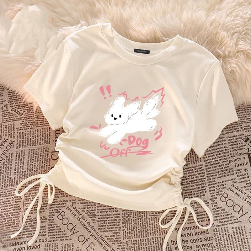 New Chinese Style Girls Solid Color Short Top Summer Children's Stylish Thin Half Sleeve Drawstring Design Short Sleeve for Older Girls