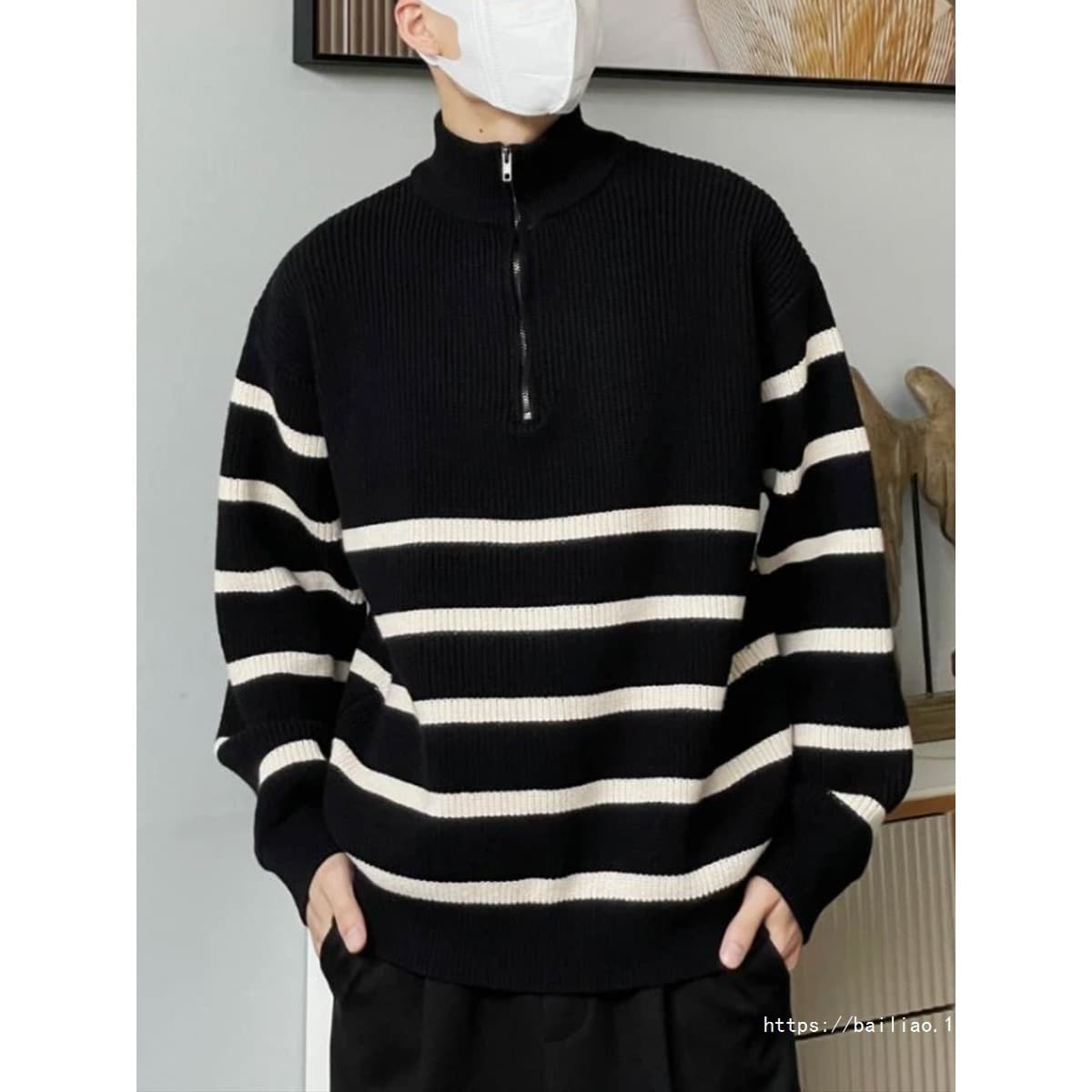 Half-high zip collar sweater for men, autumn and winter stripe knit base layer, Hong Kong style trendy brand casual knit wool top.