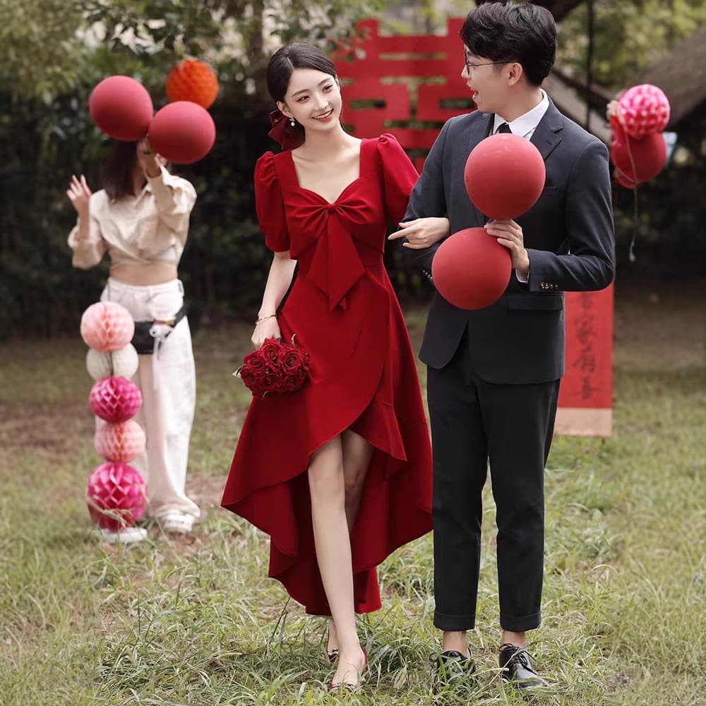 Wine Red Bride Toast Dress Short Sleeve Women's Front Short Back Long Elegant Wedding Dress for Engagement, Certificate, and Return Banquet Casual Dress