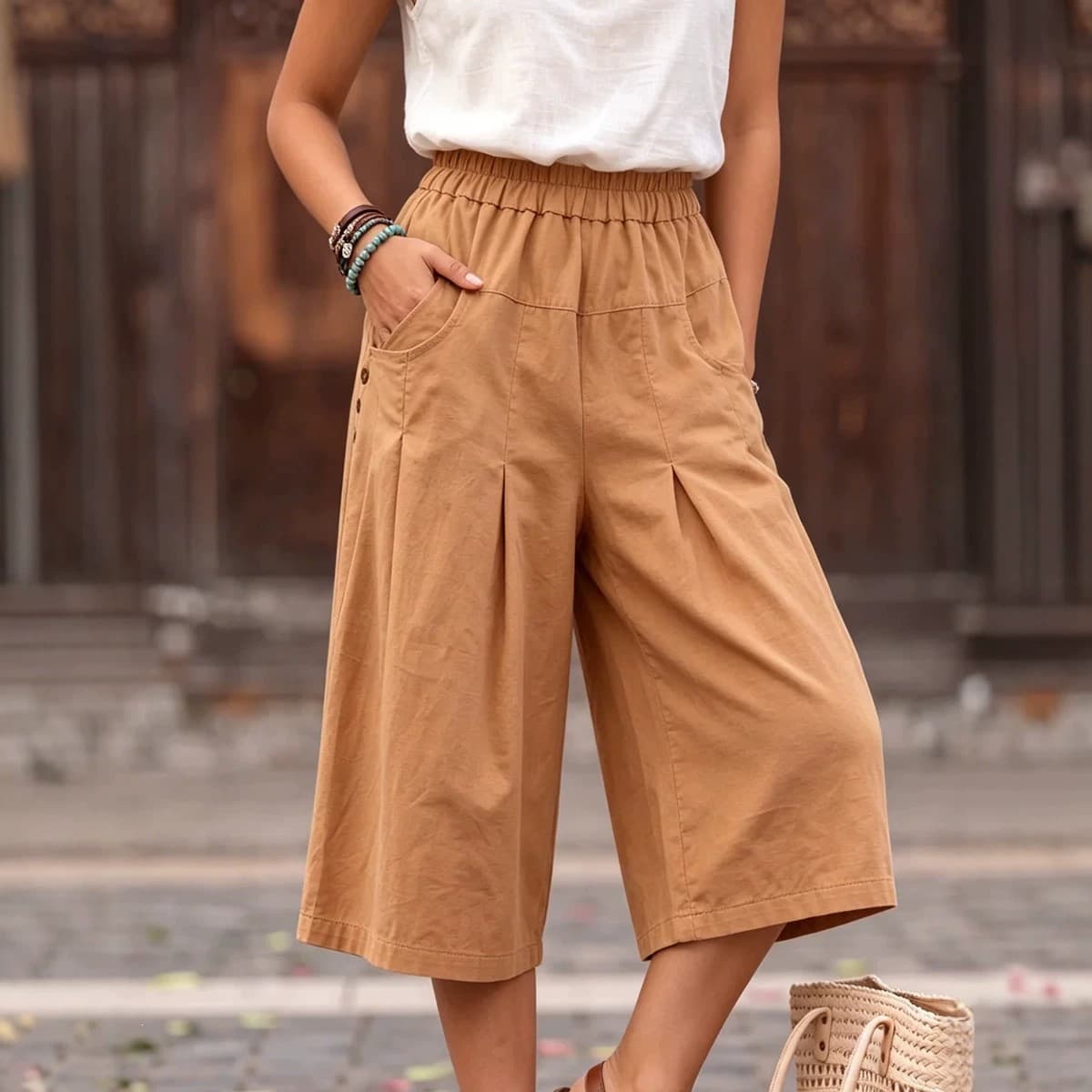 2026 European and American Amazon new women's pocket shorts summer shorts casual daily shorts mid-waist solid color