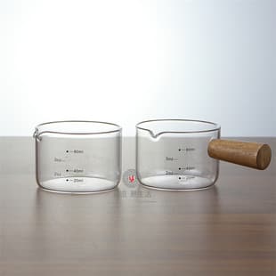 Glass Milk Pitcher with Wooden Handle and Scale, Espresso Ounce Cup, Transparent Small Milk Jug with Side Spout Measuring Cup