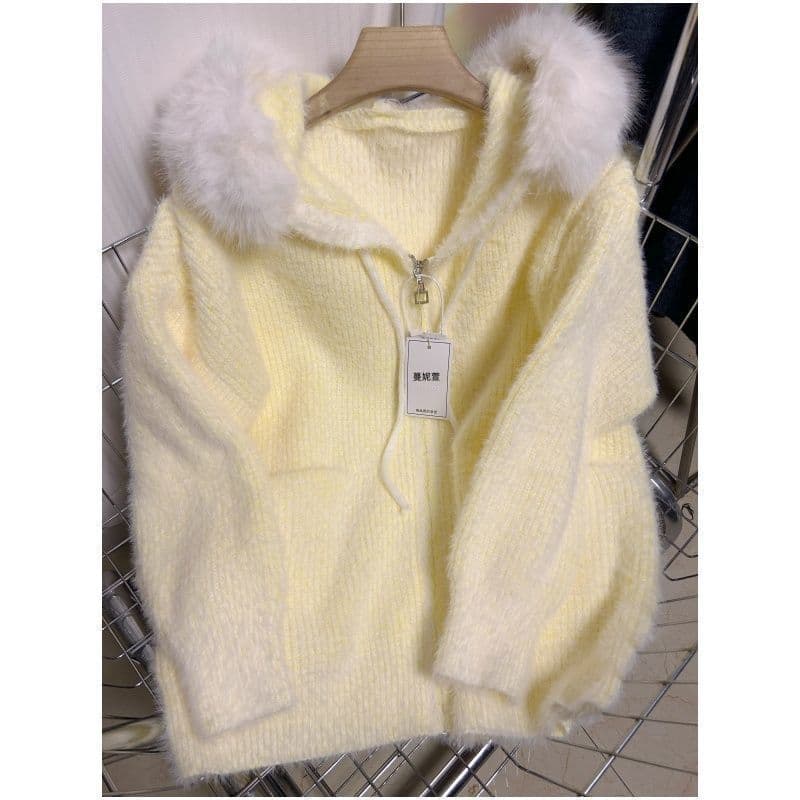 Sweet Sweater with Fur Collar Hooded Knit Cardigan, New Autumn/Winter Loose Warm Lazy Top Thickened