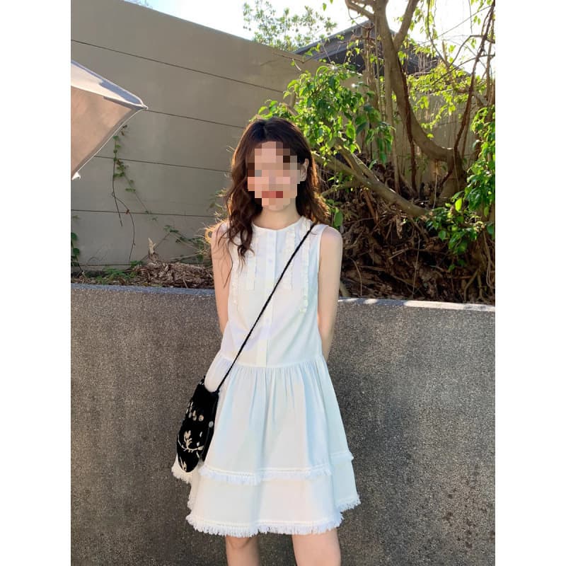 French-style ruffled trim and tassel vest dress, new summer design, unique and stylish, slimming short dress.
