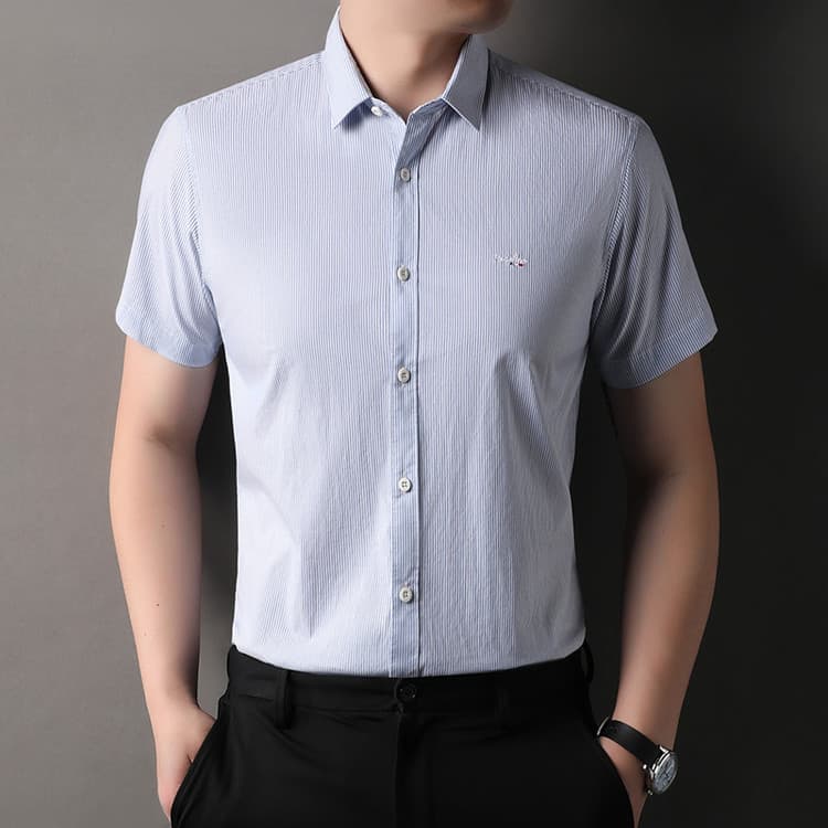 Tommy La Meng summer high-end pure cotton short-sleeved shirt for men middle-aged striped business casual non-iron stretch shirt