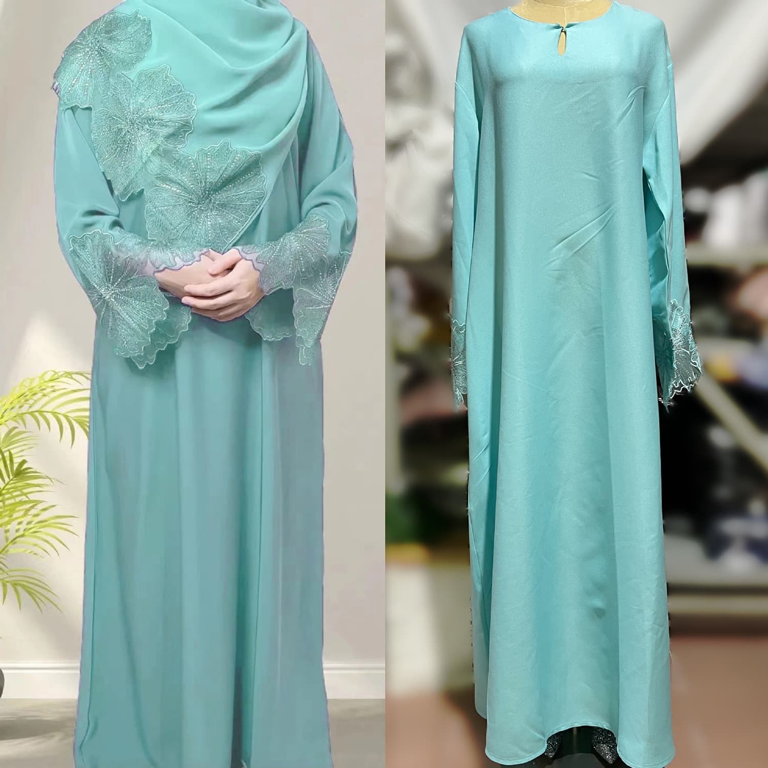 M189# 4 Colors In Stock Cross-Border Women's Dress with Rhinestone Lace Sleeves, Long Dress for Southeast Asia & Malaysia, Includes Headscarf