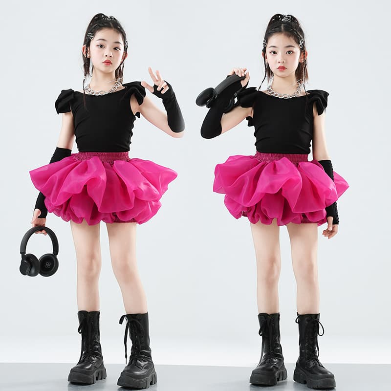 Kids Jazz Dance Bubble Dress Performance Outfit Set for Girls, Children's T-Stage Dopamine Fashion Show Cheerleading Dance Costume