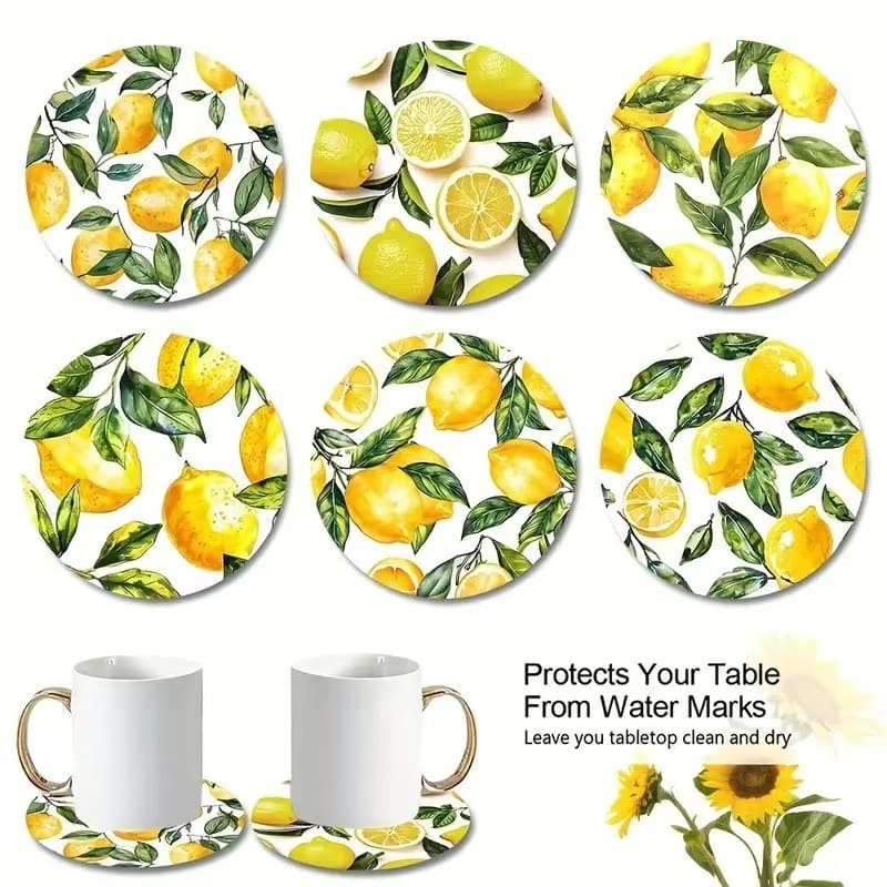 Cross-border New 6-Pack Summer Citrus Lemon Wooden Heat-Resistant Coasters with Non-Slip Insulation for Restaurant Dining Table