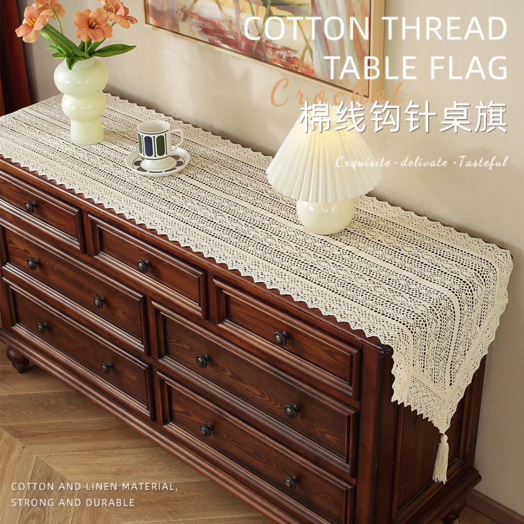 French Vintage Lace Table Runner 2026 New Cotton Crochet Tablecloth for TV Cabinet, Shoe Cabinet, Chest of Drawers, Long Cover Cloth