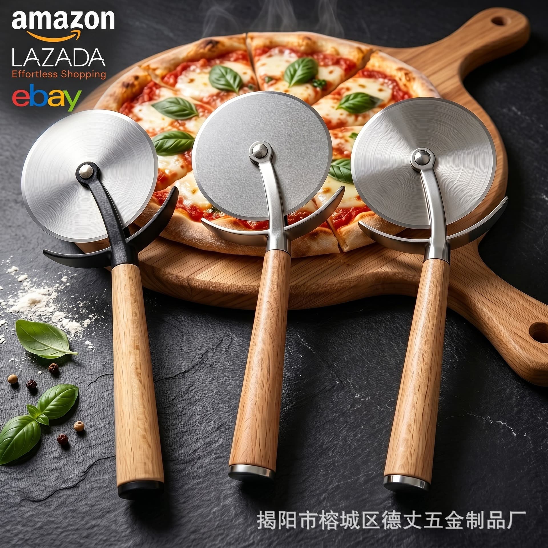 Amazon ins style wooden handle pizza knife retro textured cookie cutter household baking tool simple cutting wheel knife
