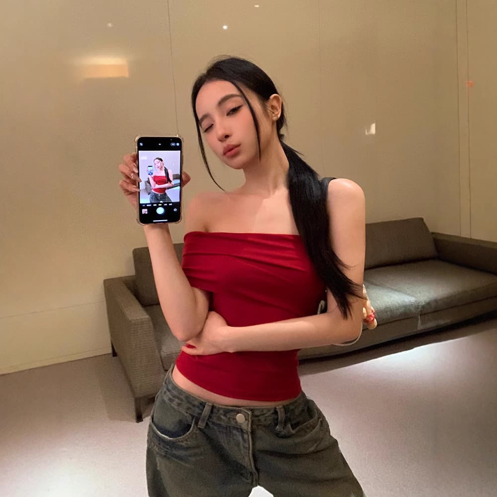 Free-cut Off-shoulder Sexy Short Sleeve T-shirt for Women Summer Slim Fit Hot Girl Trendy Red Crop Top