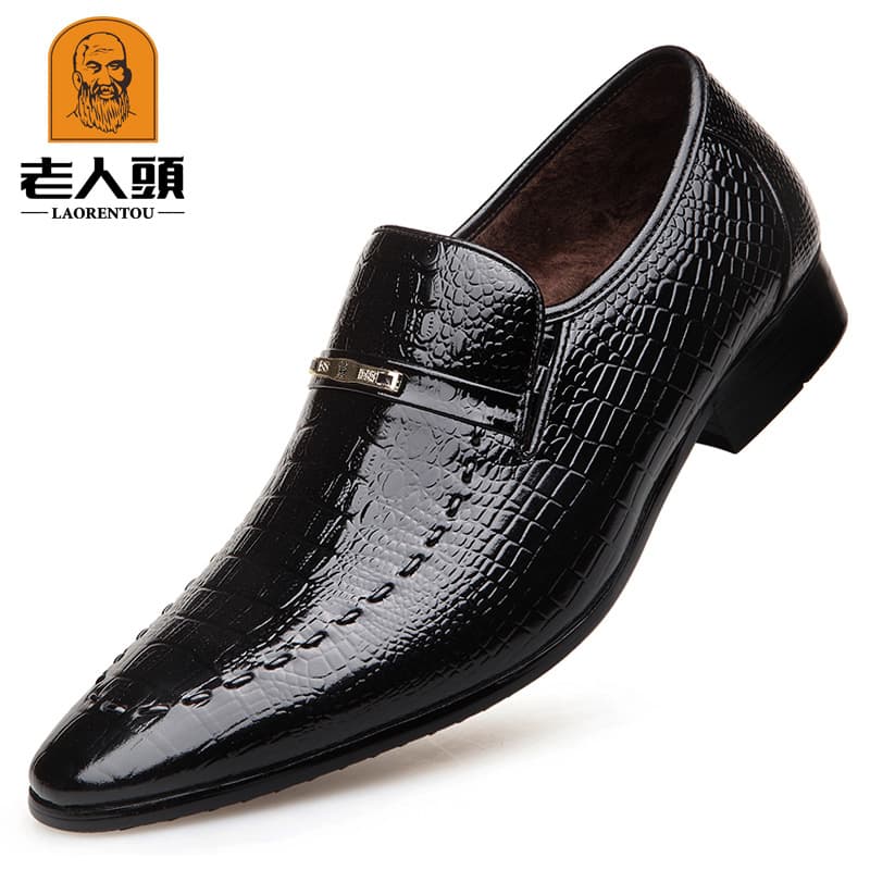 Laoren Tou Autumn/Winter Fur-Lined Leather Shoes British Pointed Toe Dress Shoes Patent Leather Fashion Fish Grain Men's Shoes 22762