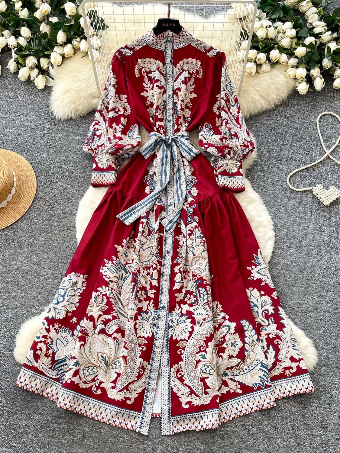 Vintage Court Style Lace-Up Print Dress for Women, Spring Long Sleeve, Waist-Cinching, Slimming A-Line Versatile Maxi Dress with Premium Look