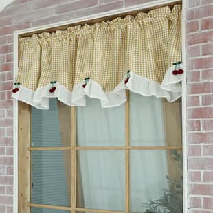 American Style Curtain Half Curtain Yellow Plaid Wave Valance Vintage Country Cotton No-Drill Door Curtain Adhesive Velcro Custom