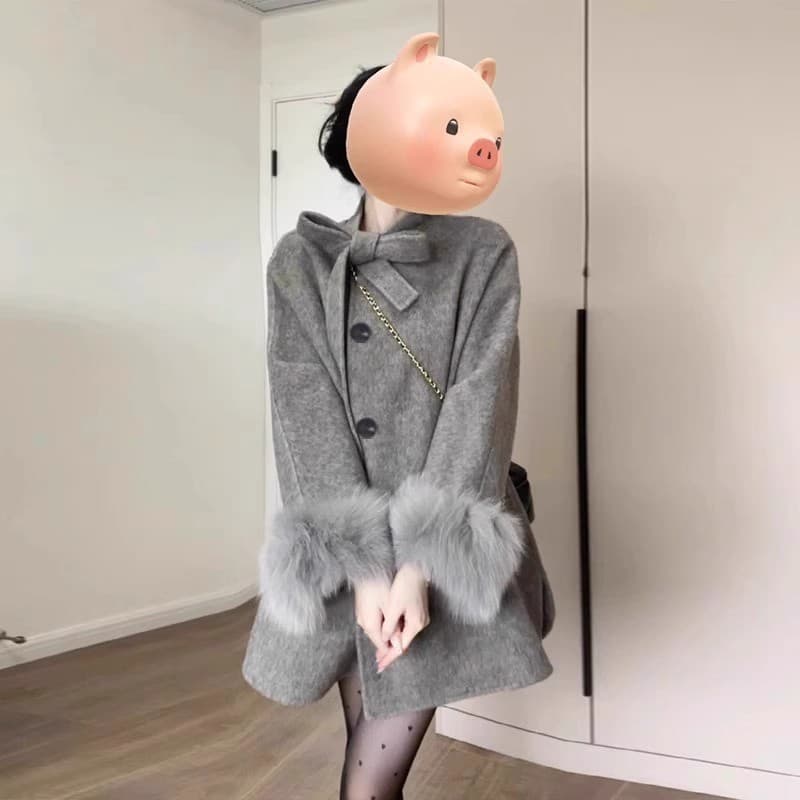 Gray woolen coat for women autumn and winter 2025 Korean style fashionable little dress with a touch of gold, super nice woolen warm coat