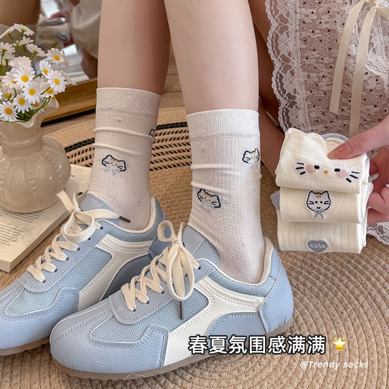 Women's milky white fun socks, cute thin mid-calf socks with embroidered bubble neck, lace trim, and little ears, white cotton socks