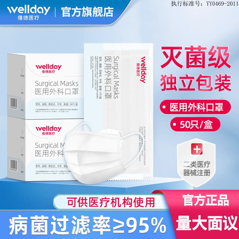 Wellday Weide Medical Surgical Masks, Adult Disposable Three-Layer Sterilized Grade, Individually Packaged 50 Pieces/Box