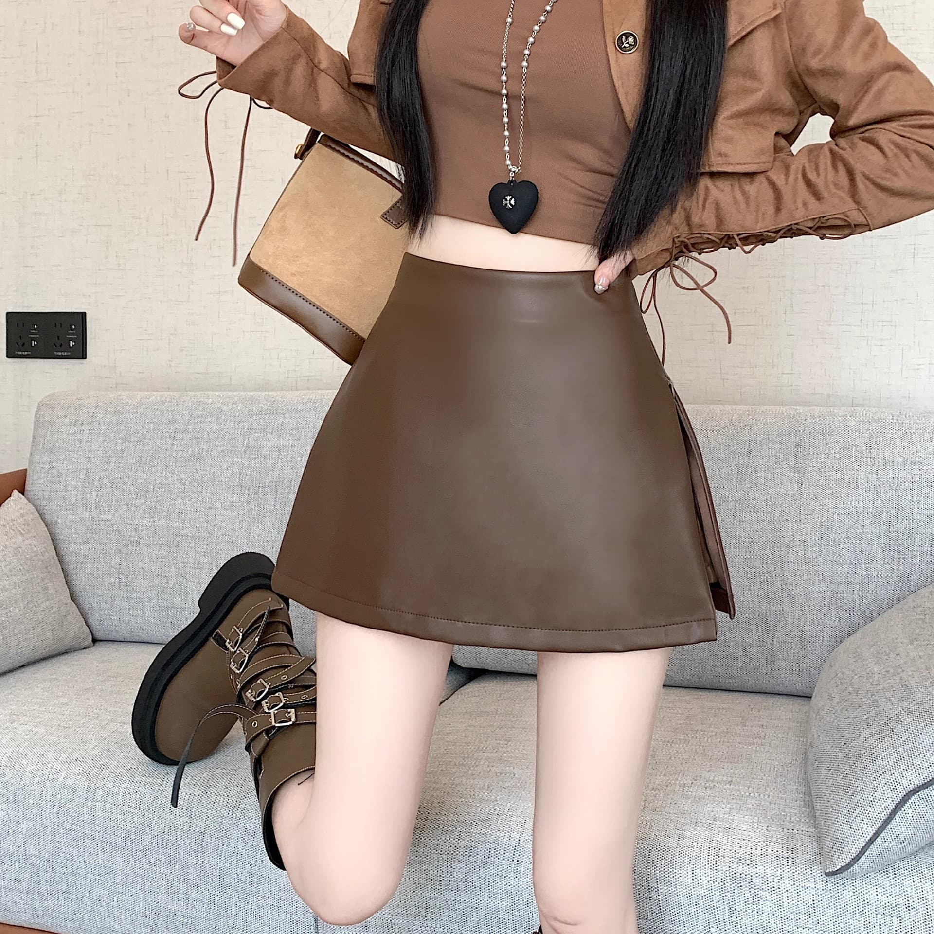 American Trendy Brown PU Leather Skirt for Women, Fall High-Waist Bodycon Side Split Anti-Exposure Short Skirt