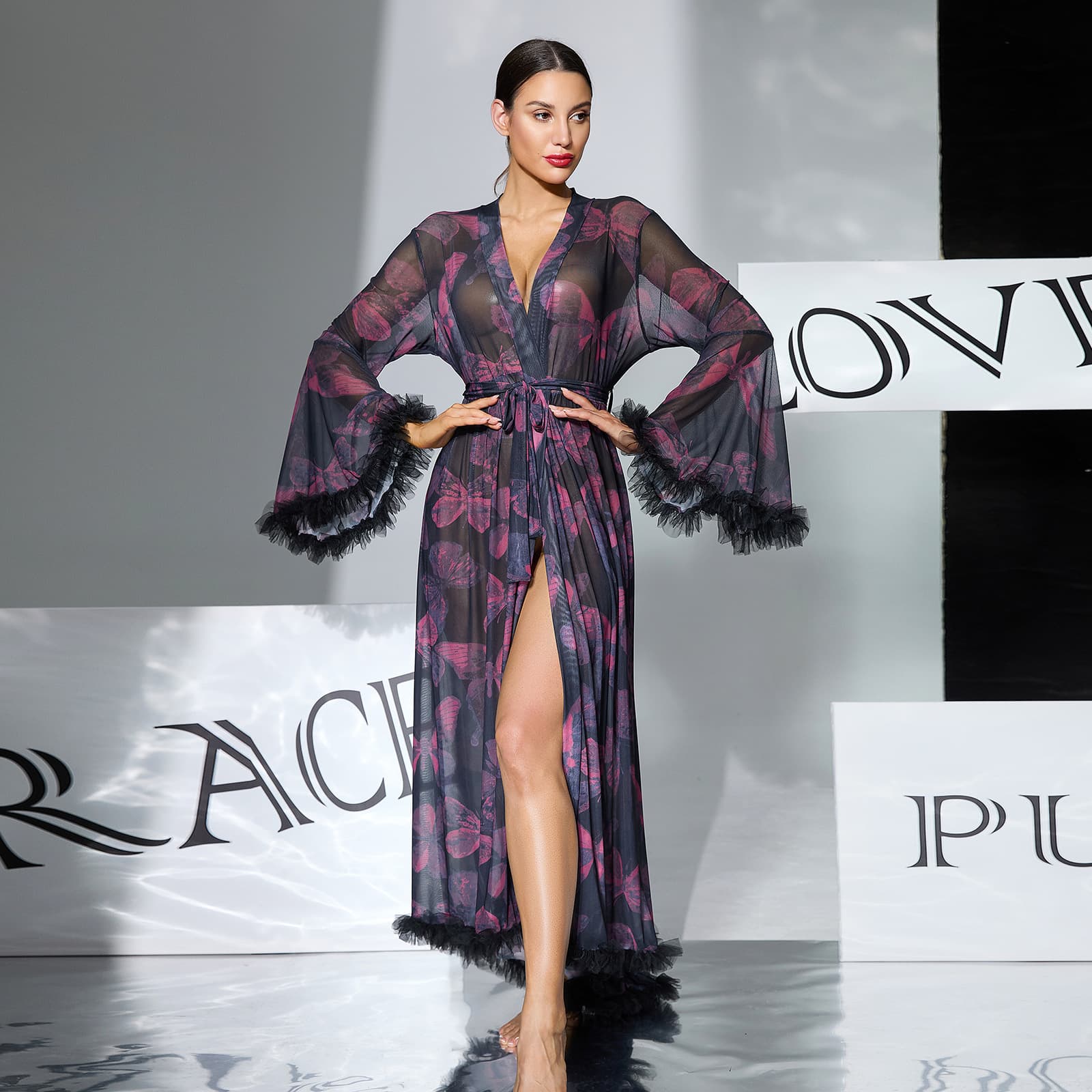 Cross-border Purple Black Floral Sheer Robe Flared Sleeve Feather Tassel V-Neck Tie Long Split Loungewear 1119