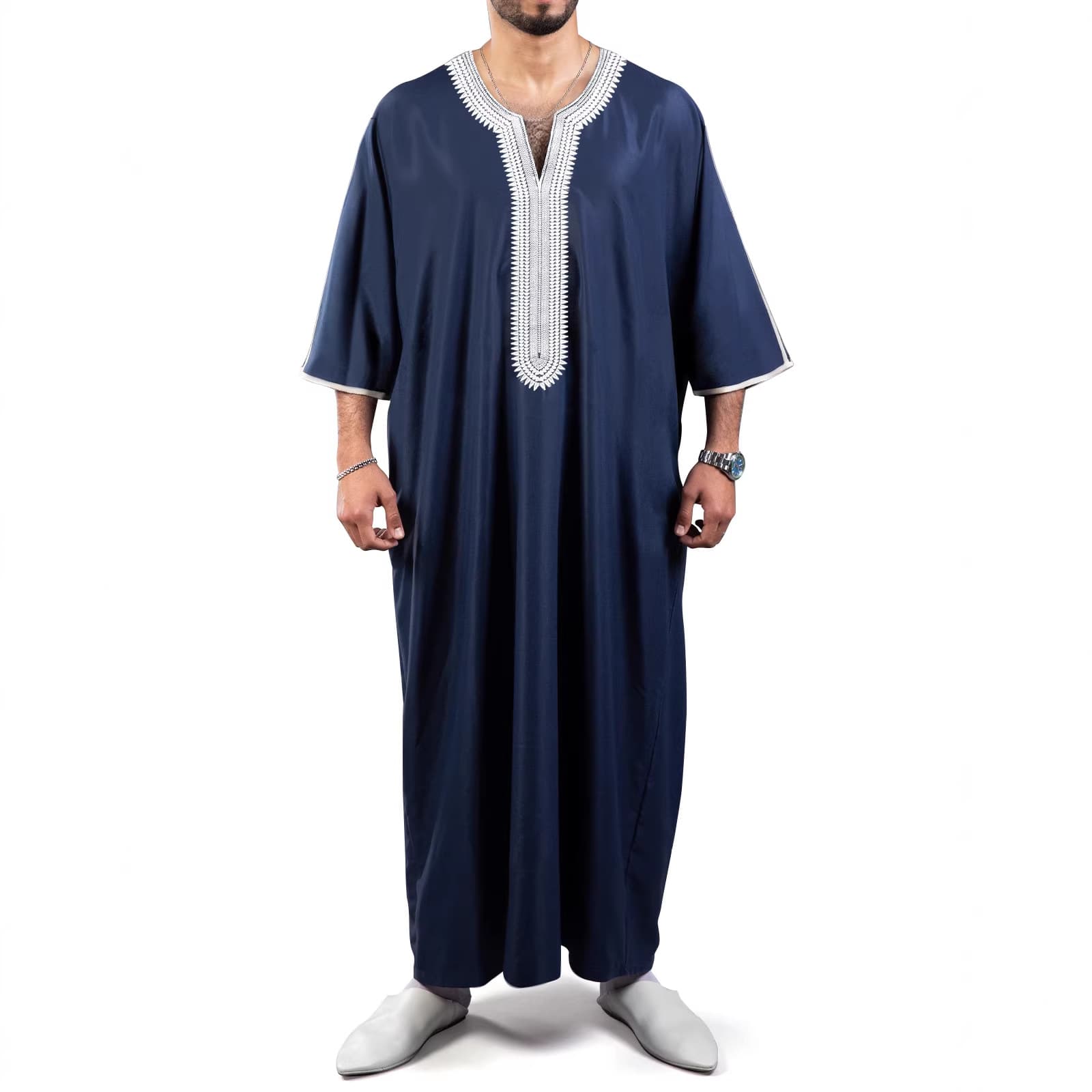 2026 New 3/4 Sleeve Embroidered Men's Thobe Cross-Border Embroidered Clothing