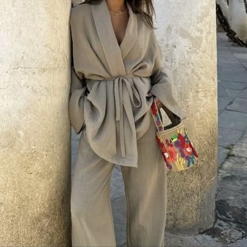 Women's European and American Casual Loose Wide-Leg Pants Two-Piece Set with Relaxed Fashion Straight-Leg Pants and Casual Kimono Top