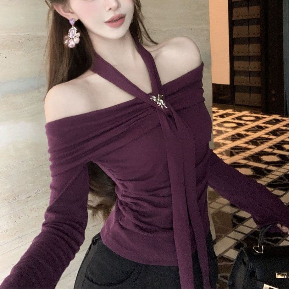 One-Shoulder Strap Halter Long-Sleeve T-Shirt for Women, Autumn/Winter Trendy Off-Shoulder Top, Premium Purple Base Layer