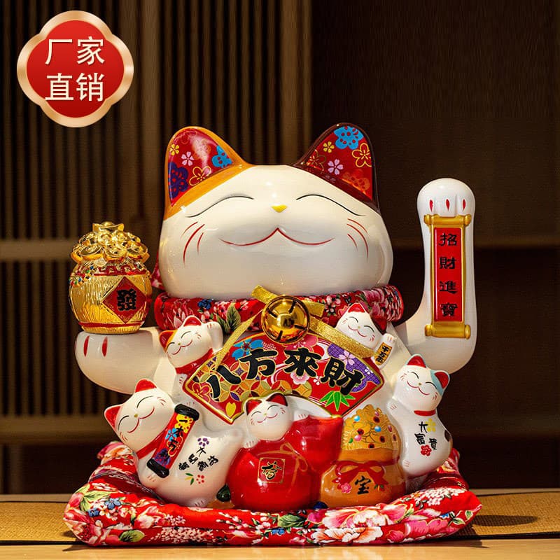 Electric Ceramic Lucky Cat Figurine Small Size Cashier Counter Opening Decor Home Living Room Gift White Porcelain Gift Box