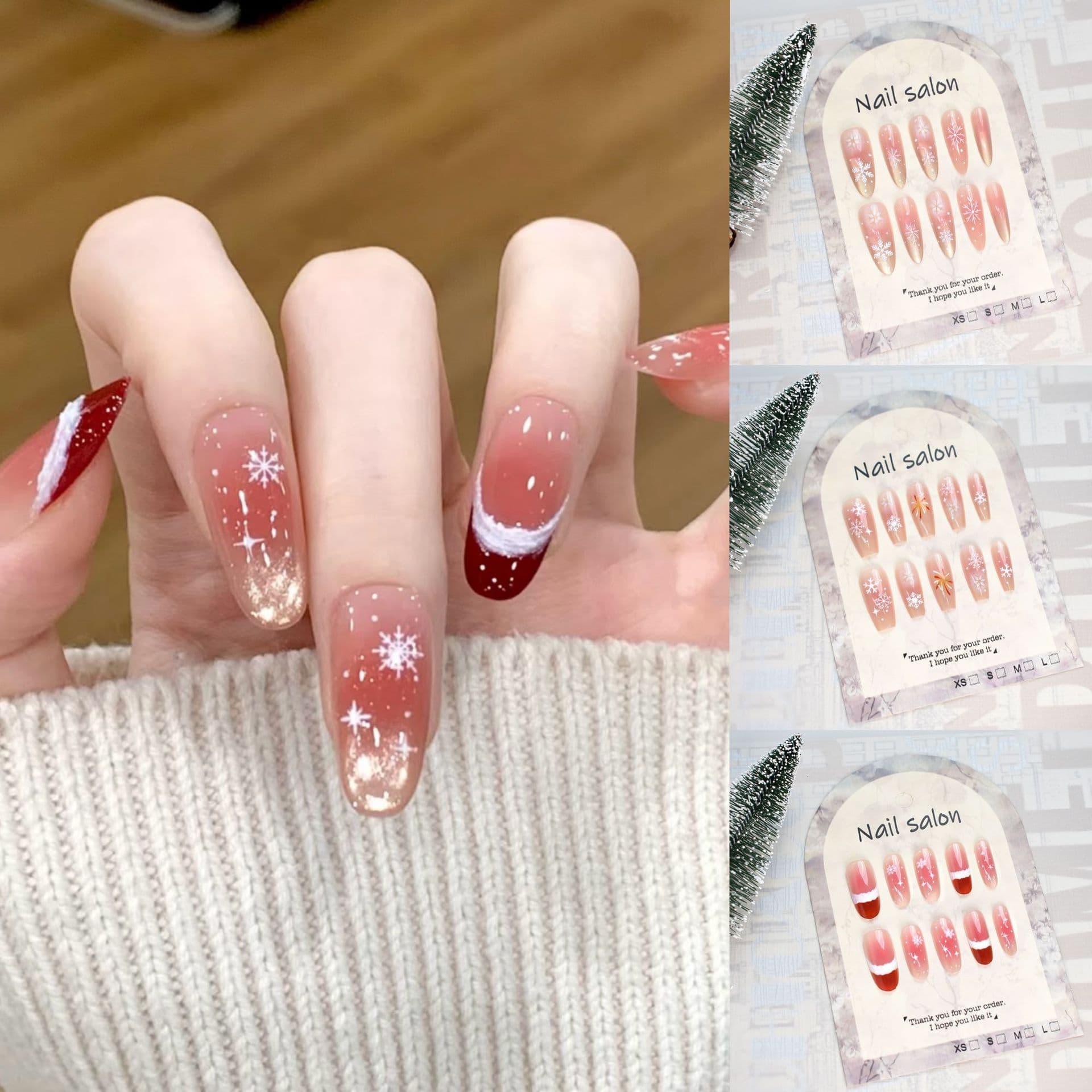 Christmas Series Snowflake Fine Glitter Cat Eye French Press-On Nails Brightening Blush Girl Heart Nail Art Stickers Long Style ins