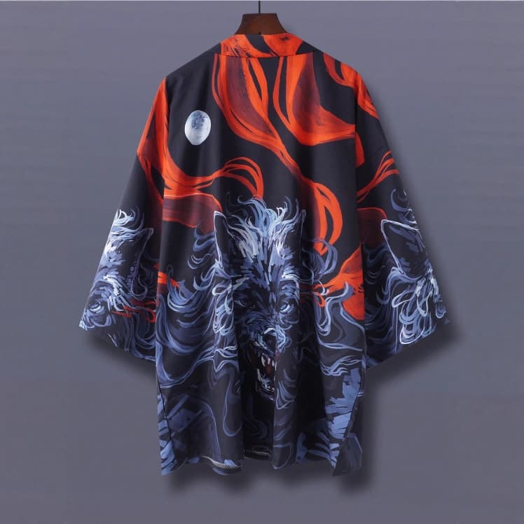 Haori Kimono Cardigan Seven-Sleeve Thin Jacket Japanese Trendy Wild Wolf Print Style Loose Outerwear Shirt Jacket
