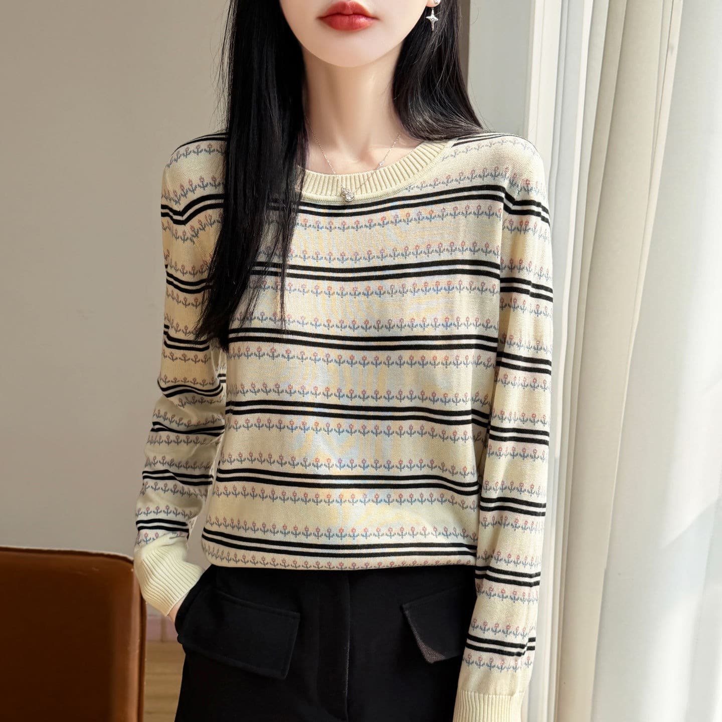 French Contrast Color Tencel Striped Jacquard Round Neck Base Layer Sweater for Women, Spring Autumn Loose Knit Top, Thin Inner Layer