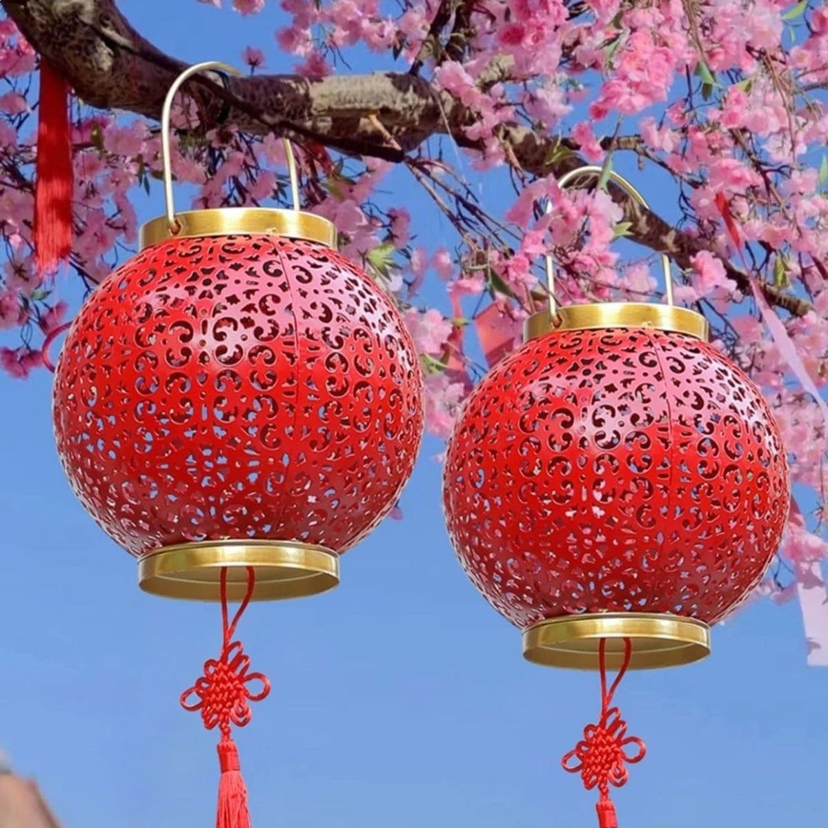 Solar red lantern wall hanging outdoor iron lantern courtyard garden solar outdoor Chinese red projection light