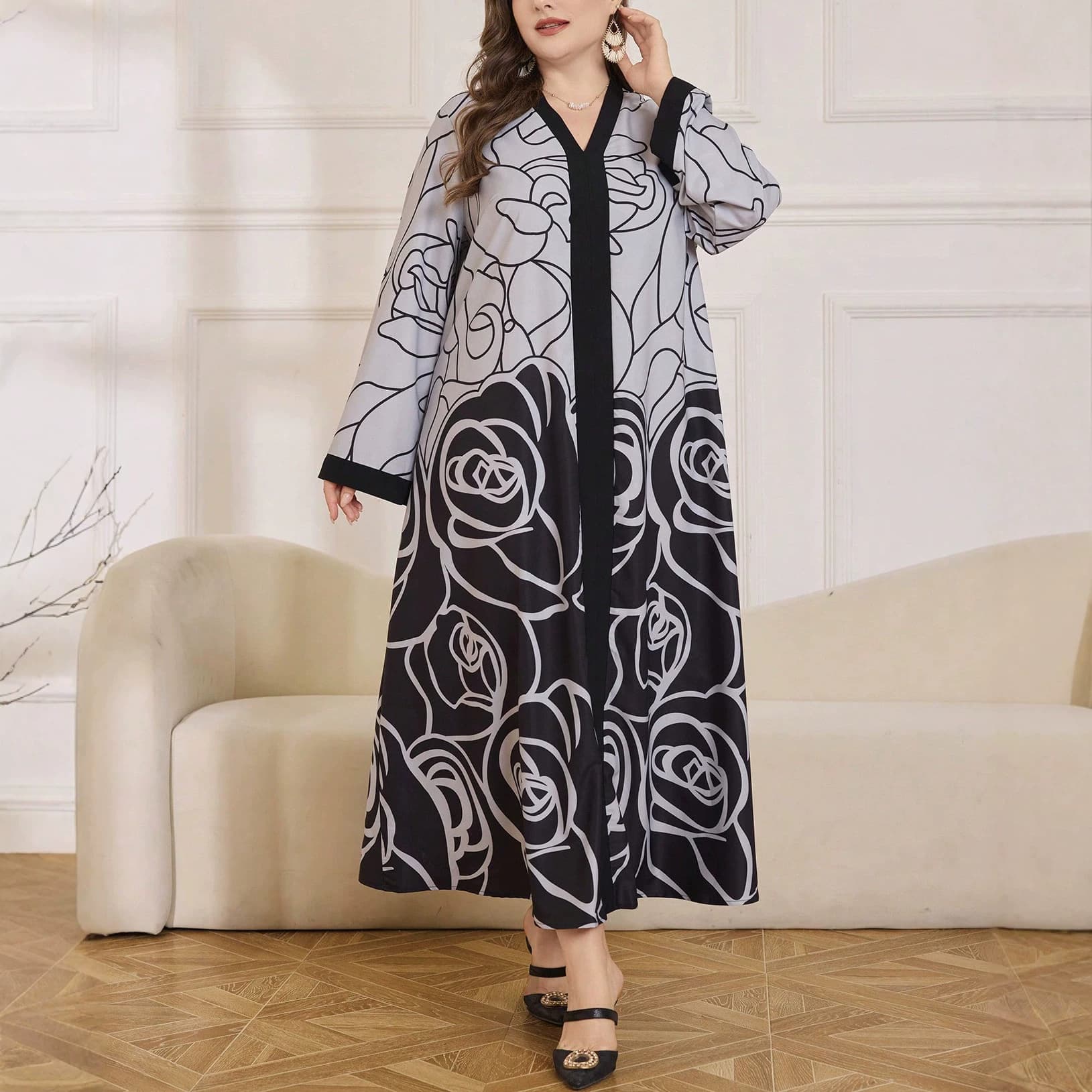 Plus Size Commuting Women's Dress with Rose Print Contrast V-Neck Long Robe Dress Loose Slimming Long Dress for Women