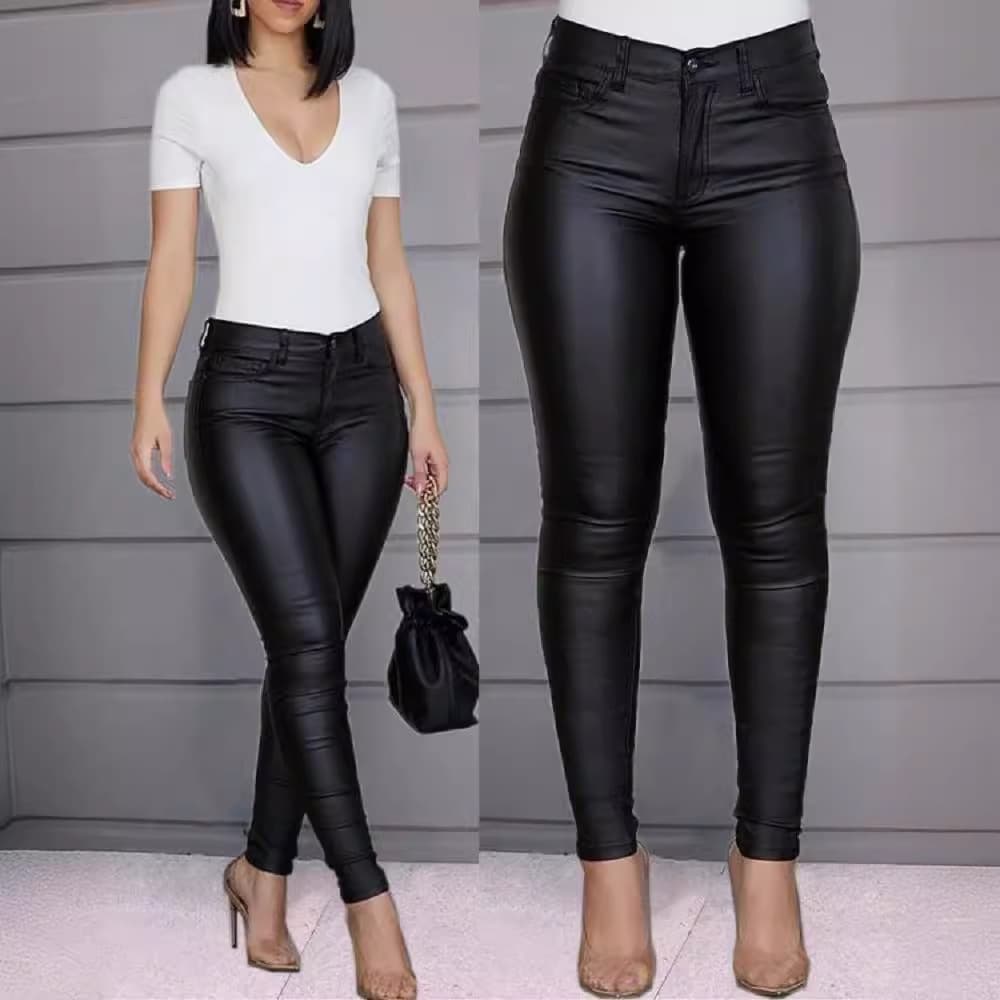 2023 Fall/Winter Cross-Border New Arrival Amazon Wish Solid Color PU Leather Pants Casual Sexy Skinny Pants Women's Long Trousers Foreign Trade