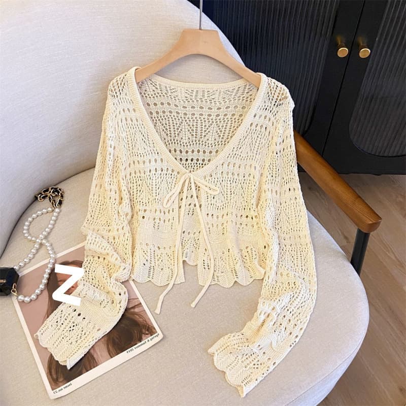 Summer Versatile Hollow-Out Crochet Knit Cardigan with Tie, Long-Sleeve Sun-Protective Shawl for Women, Fashionable Outerwear Top
