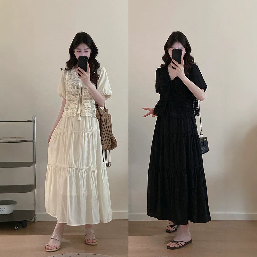 2026 Summer New Plus Size Women Korean Lace Patchwork Vacation Faux Two Piece Dress