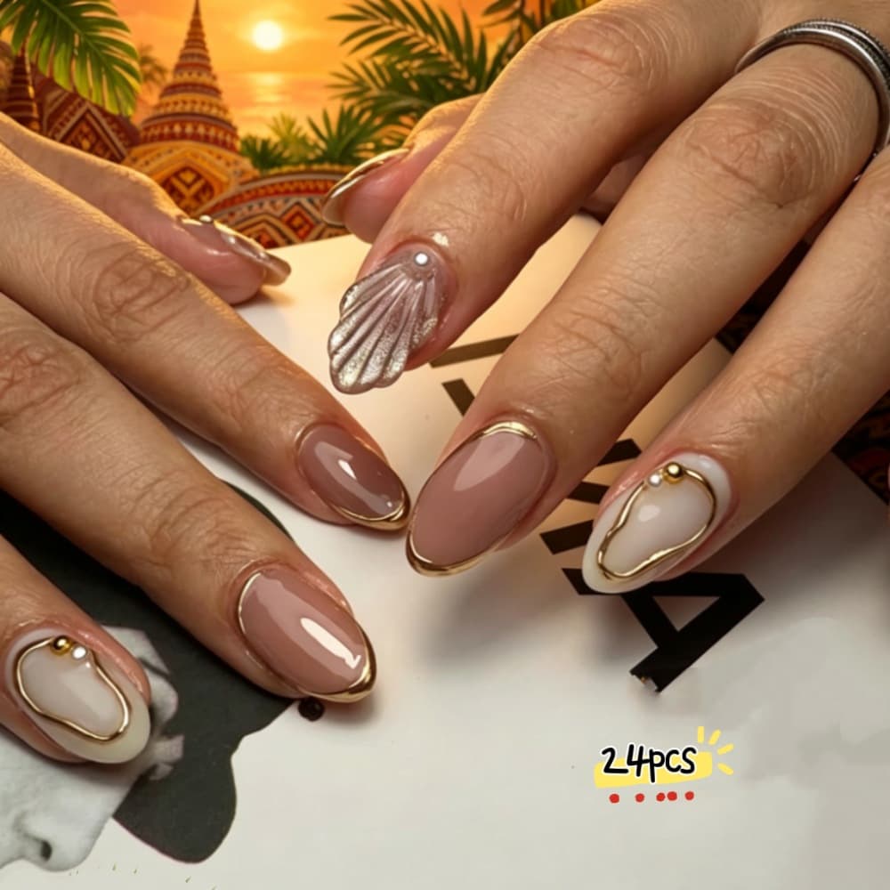 Cross-border Hot-selling 3D Hot Stamping Shell Pearl Luxury High-end Fashionable European and American Detachable Press-on Nail Tips Wholesale