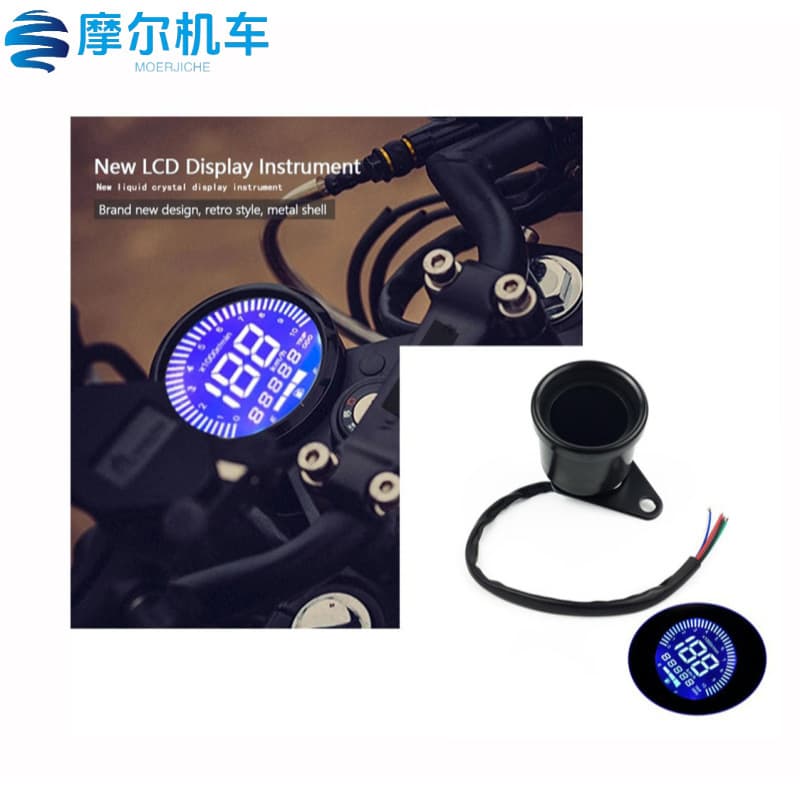 Retro-style motorcycle instrument panel modification: odometer, tachometer, fuel gauge integrated with LED LCD display.