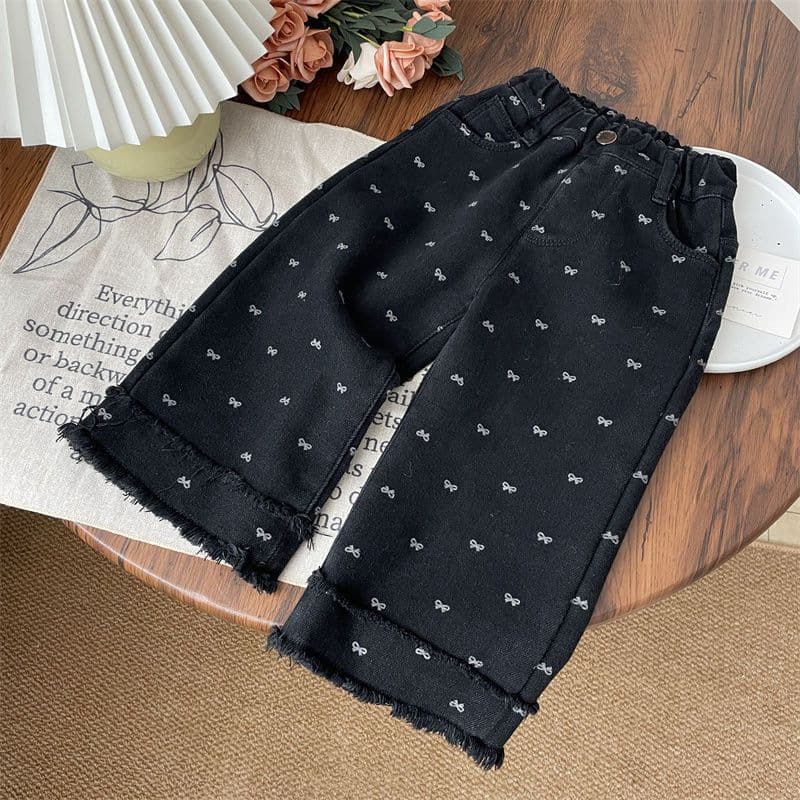 Girls Winter Denim Pants Thickened Integrated Velvet Butterfly Knot Frayed Wide Leg Jeans Korean Style Cotton Blend Trousers