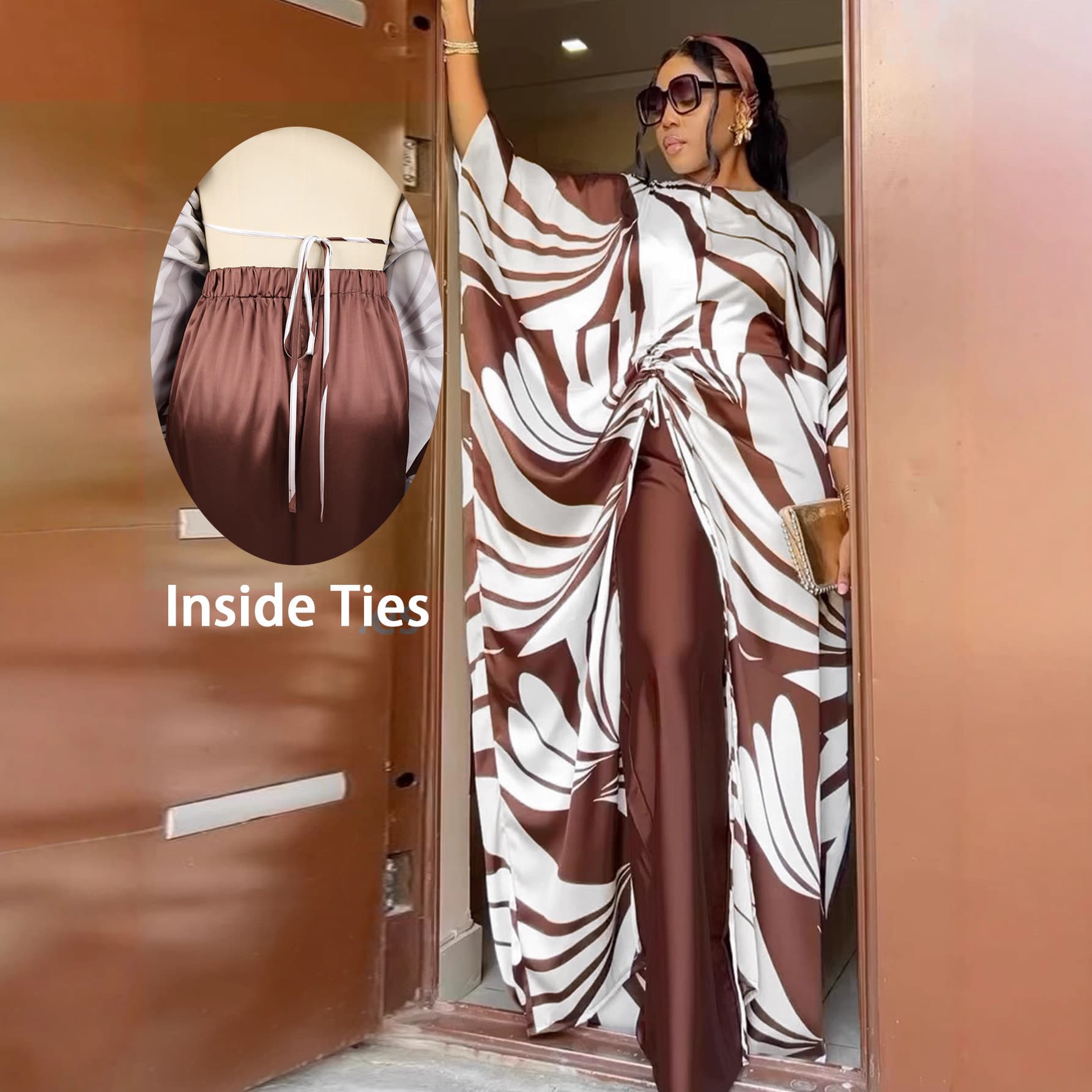 African Print Long Robe Pants Set Drawstring Loose Top with Casual Wide-Leg Pants Two-piece Set