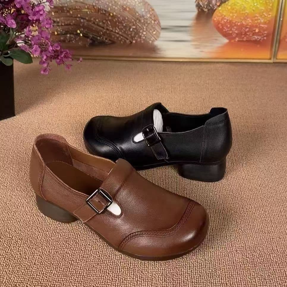 Women's Retro Casual Non-Slip Spring/Autumn Leather Shoes, Soft Sole Comfortable Mid-Heel for Mothers