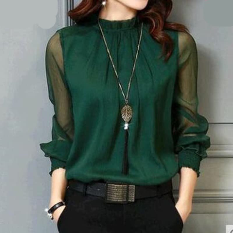 2026 Spring/Summer New Lace Chiffon Blouse Plus Size Women's Clothing Mesh Ruffle Long Sleeve Base Shirt Top