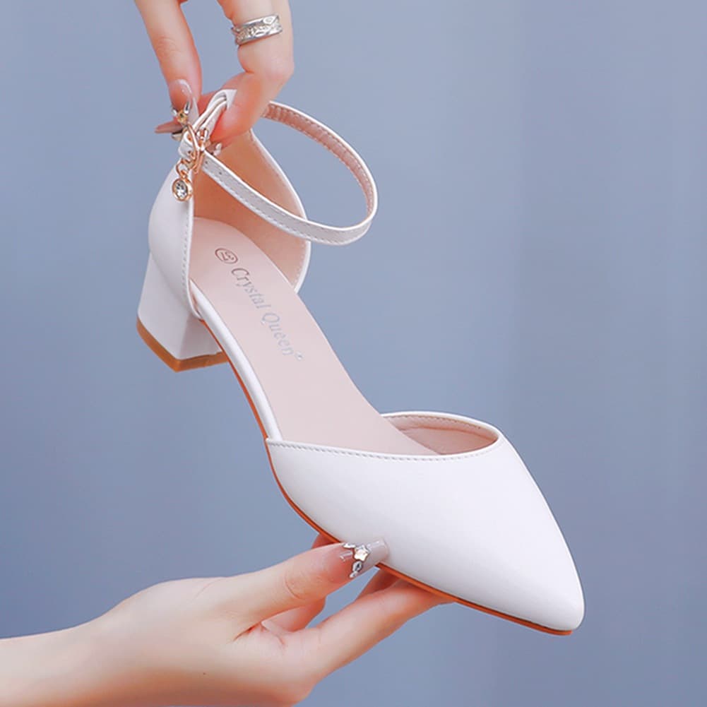 4cm Chunky Heel Pointed Toe White Shoes, Mid-Low Chunky Heel Open Sandals, Spring Square Heel Women's Shoes, White Bridal Shoes