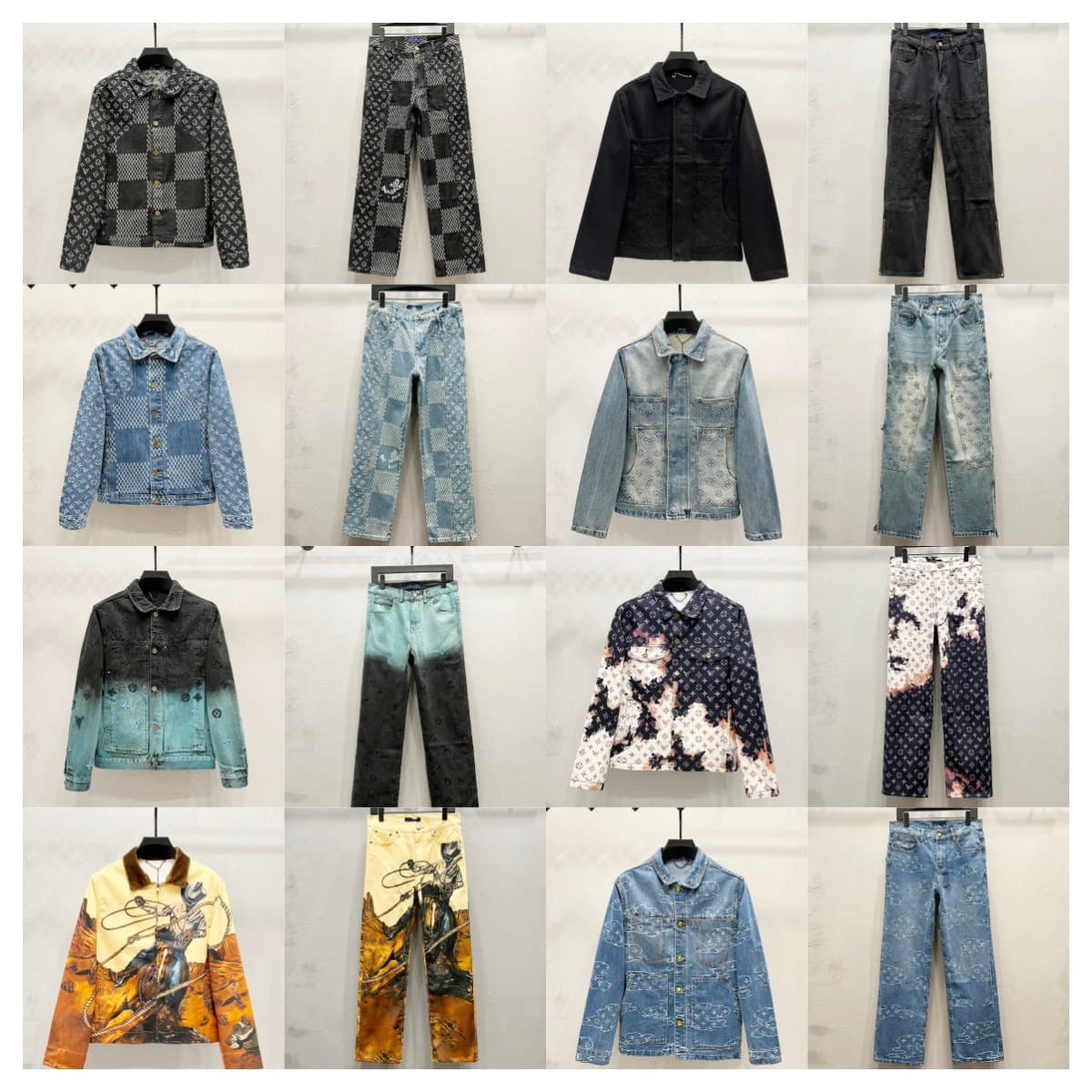 Cross-border Correct High Version. LV 25S Autumn/Winter Full Print Check Jacquard Denim Jacket and Jeans Set
