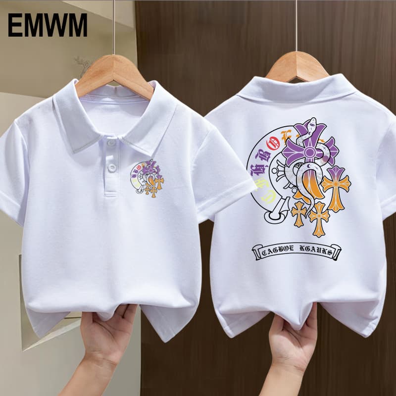 Korean Style Pure Cotton Short Sleeve T-Shirt for Boys and Girls, 2024 Summer New Children's Turn-Down Collar Polo Baby Top
